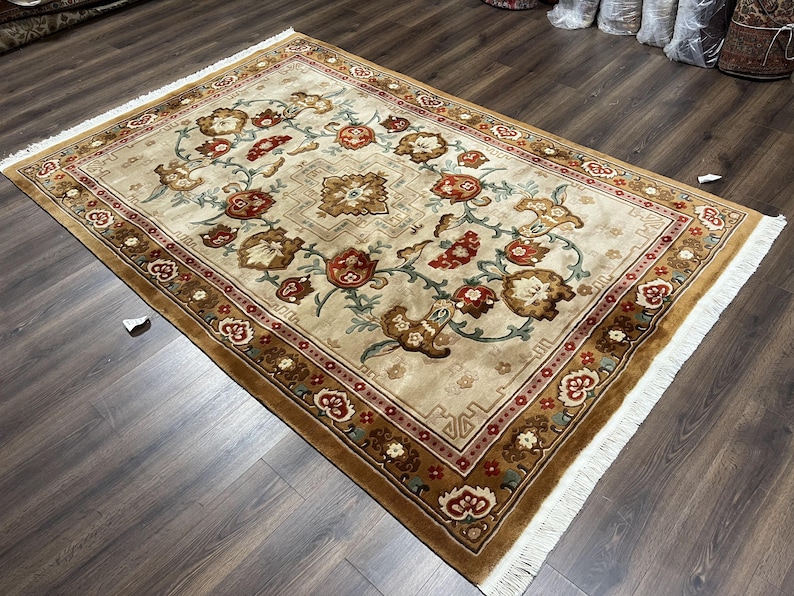 Chinese Wool Rug 5.9 X 9, Tan and Brown Asian Art Deco Carpet, Vintage ...