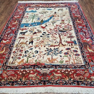 Antique Persian Rug 5x7, Animal and Human Pictorials, Hand Knotted Fine Oriental Wool Carpet, Cream and Red, High KPSI, Vintage Rug 5 x 7 ft
