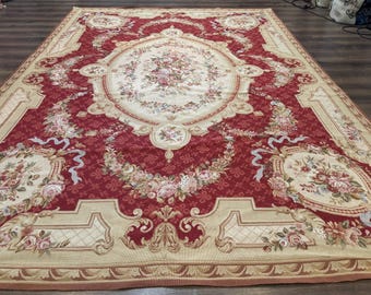 Aubusson Rug 8x11, Needlepoint Carpet, Red Ivory Beige, Vintage, French European Design