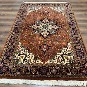 Indo Persian Heriz Rug 4x6, Rust Red Navy Blue and Cream