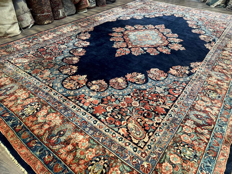 Persian Sarouk Rug 10x16 – Navy Blue and Red, Hand-knotted Wool Antique ...