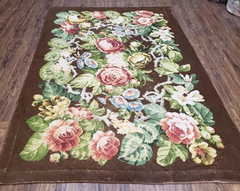 Floral Needlepoint Rug, Medium Rug, Vintage Area Rug, Handmade Flat Weave Rug, Dark Brown Rug, Multicolor Large Colorful Flowers, 5x8 - 6x8