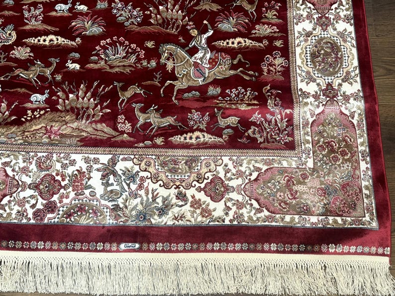 Turkish Silk Hunting Design Rug 4x6, Dark Red & Ivory, Bamboo Silk, New ...