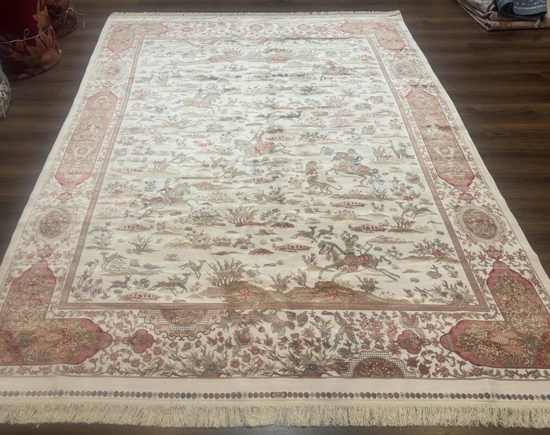 Large Turkish Silk Rug 8x10, Ivory, Hunting Design, Bamboo Silk, New - Etsy
