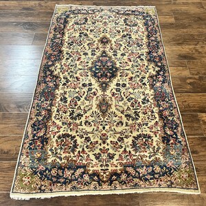 Antique Persian Kirman Rug 4x7, Cream and Navy Blue, Hand Knotted Wool Floral Carpet