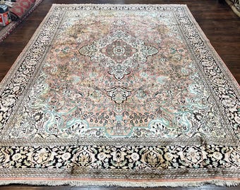 Indian Kashmiri Silk Rug 9x12, Vintage Rug 9 x 12 ft, Salmon Ivory Black Hand-Knotted Silk on Cotton Oriental Floral Carpet, Traditional Rug