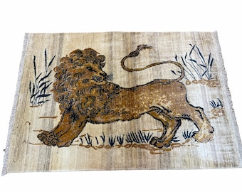 3.5 X 4 Handmade Hand-Knotted New Vintage Rug Quality Wool Lion Organic Dyes