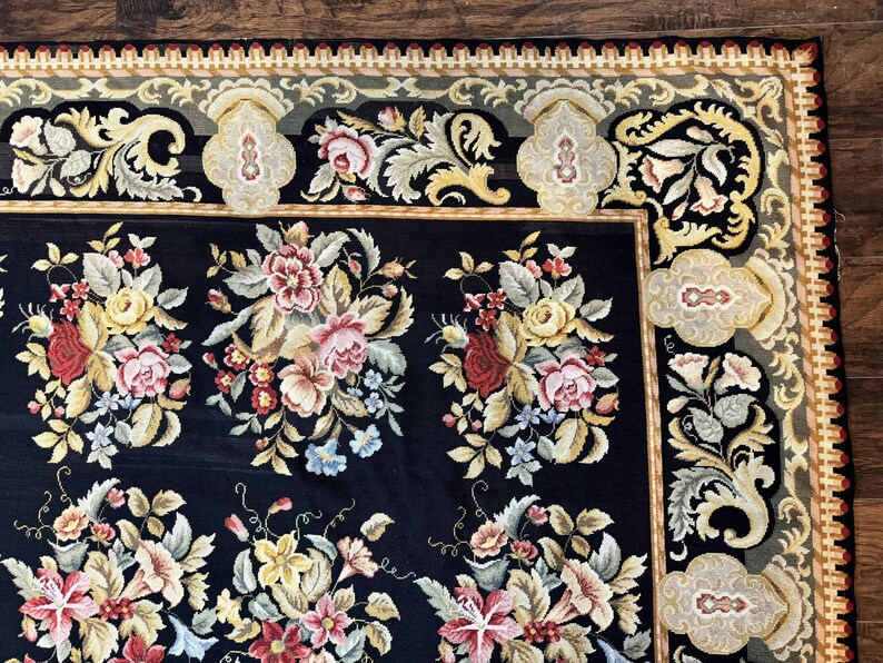 Palace Size Needlepoint Rug 12x16, Black and Colorful, Floral Panel ...