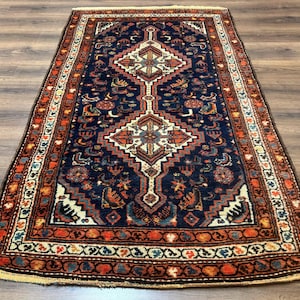 Antique Persian Rug 4x6, Geometric, Double Medallions, Navy Blue, Tribal Carpet