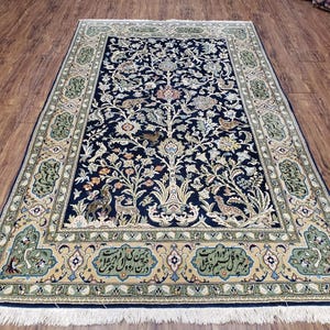 Persian Tree of Life Rug 4.8 x 7.8, High Quality Persian Carpet, Animal Pictorial Wool Rug, 1950s Vintage Antique Rug, Midnight Blue and Tan