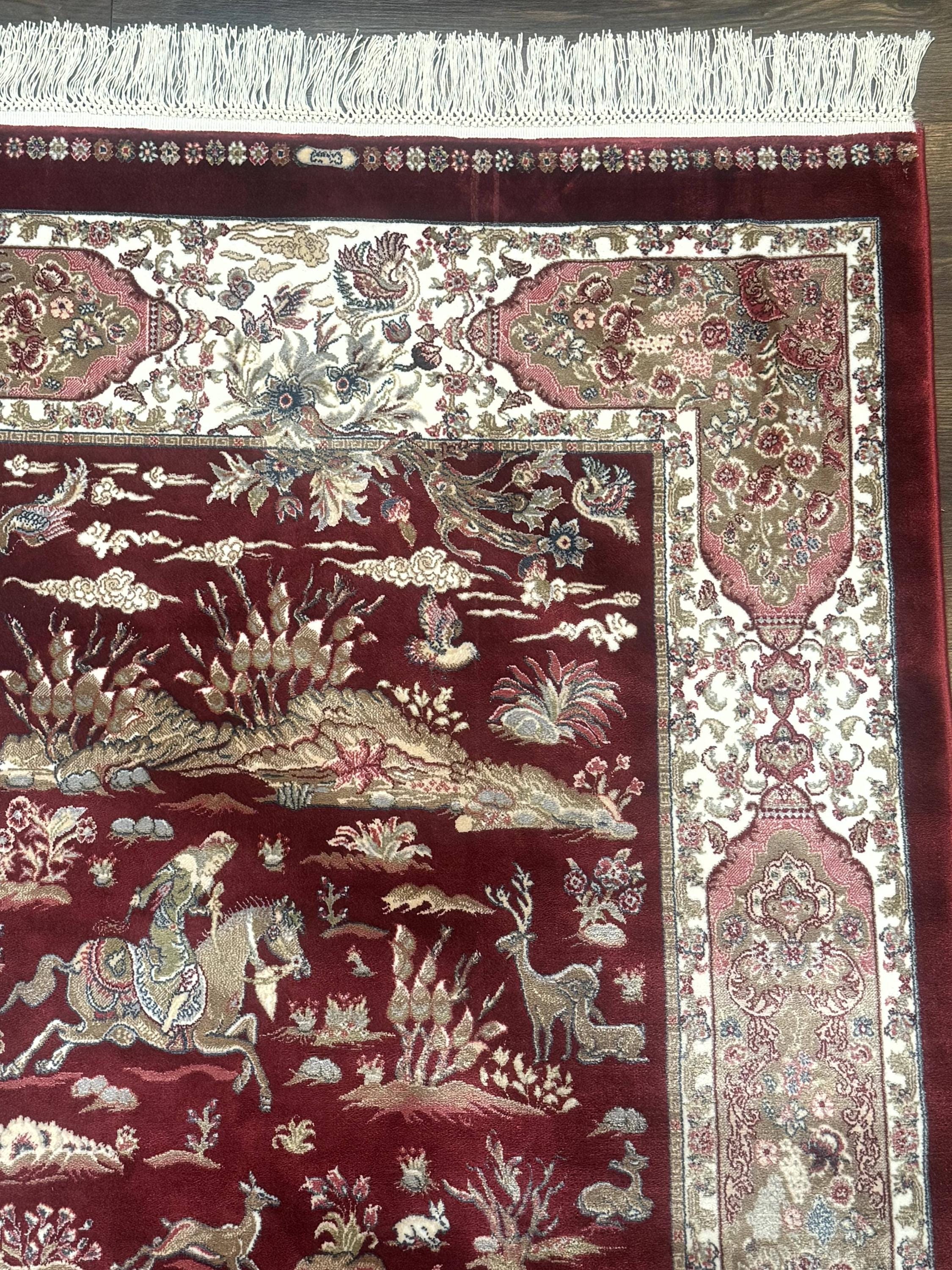 Turkish Silk Rug 3x5, Hunting Design, Dark Red & Ivory, Bamboo Silk ...