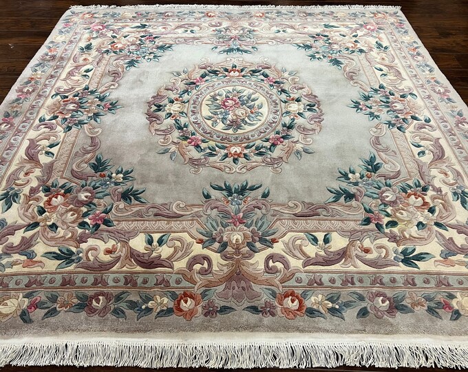 Chinese Wool Rug 8x8 Ft, Square Chinese 90 Line Carpet, Gray and Cream