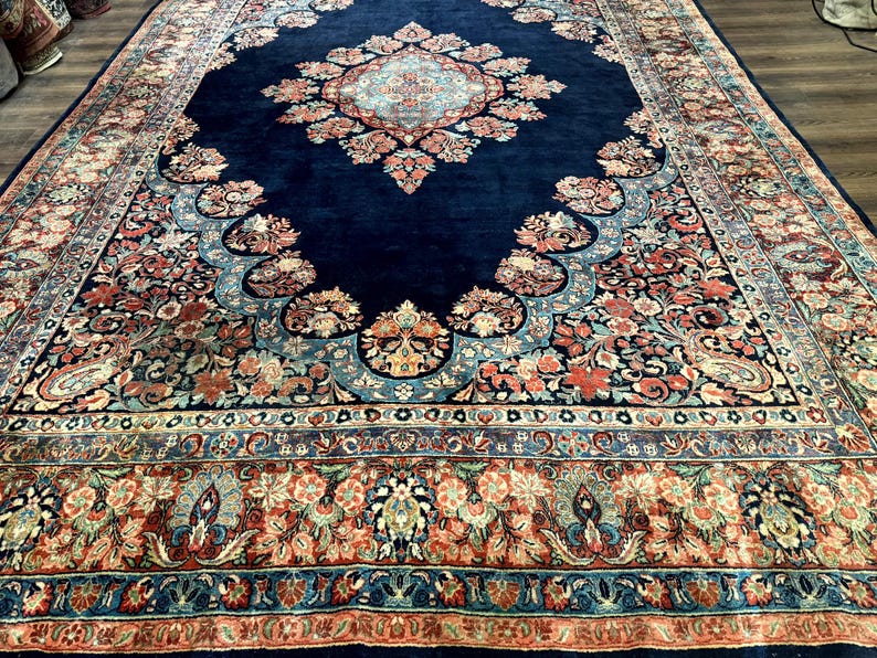 Persian Sarouk Rug 10x16 – Navy Blue and Red, Hand-knotted Wool Antique ...
