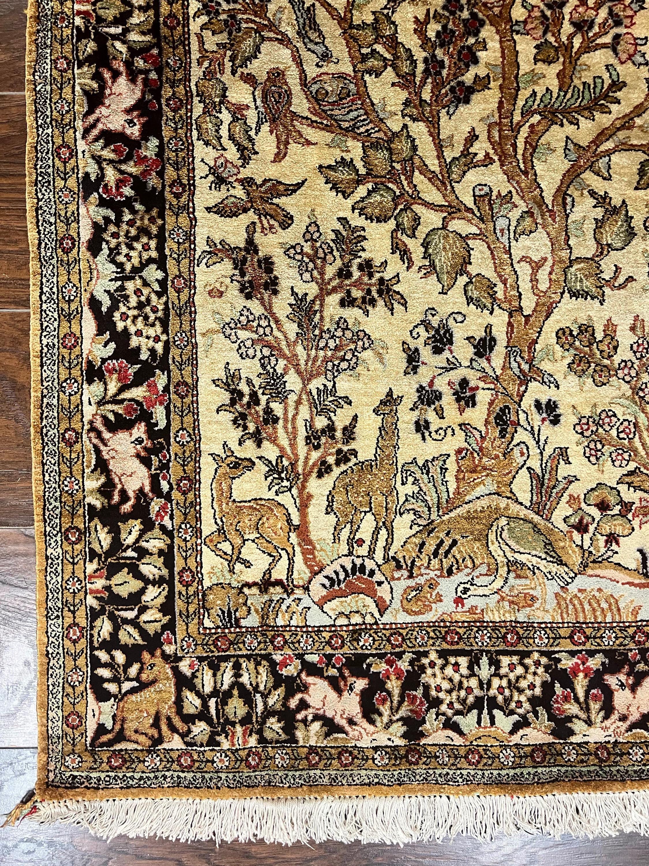 ペルシャ 手織り ラグ ( Tree of Life ) シルクの生命の樹ペルシャ絨毯 3x4、手織りヴィンテージカーペット
