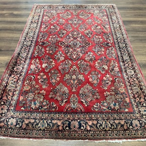 Sarouk Rug 4x6 – Red and Navy, Hand-Knotted Wool, Vintage Persian Carpet