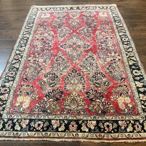 Antique Persian Sarouk Rug 4x7, Floral, Red 1920s Persian Wool Carpet