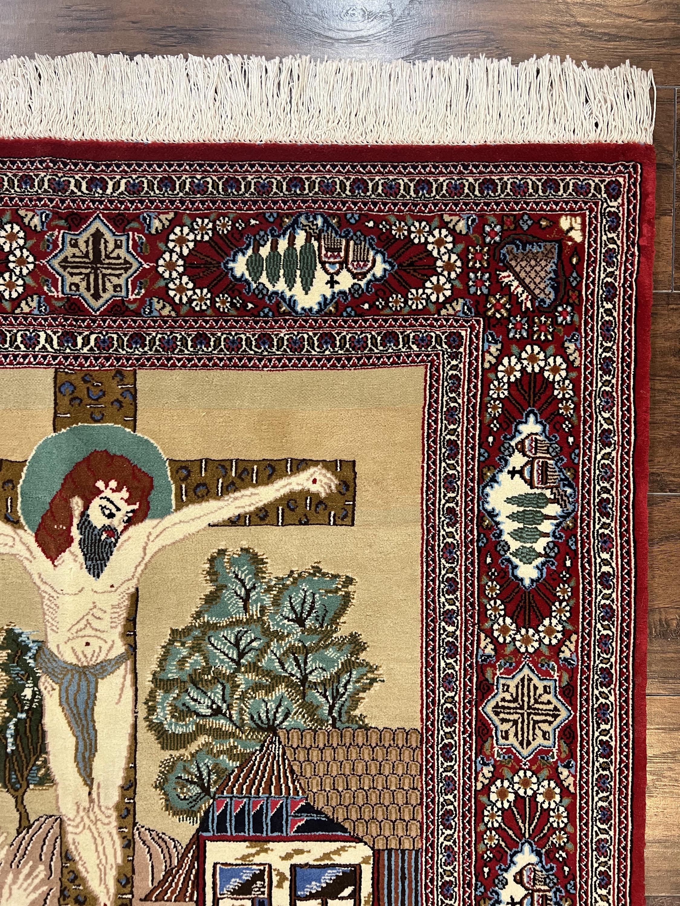 Persian Pictorial Rug 3x5, Rare Christian Rug, Jesus on Cross, Hand ...