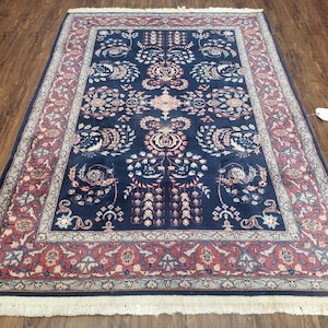 Dark Blue Indo Persian Rug 4x6, Medium Size Hand Knotted Oriental Carpet, Traditional Floral Indian Rug, Blue and Red Entryway Rug, Wool Rug