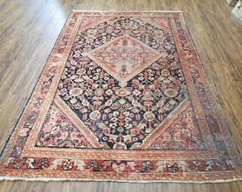 Antique Persian Mahal Area Rug 4.4 x 6.6, Wool Hand-Knotted Shabby Chic Oriental Rug, Red Black 1930s Foyer Room Carpet, Low Pile Boho Rug