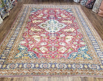 Antique Turkish Sivas Area Rug 8x11, Hand-Knotted, Vintage Red Wool Carpet, Gazelles Lions, Boteh Border, 8' x 11' Top Quality Oriental Rug