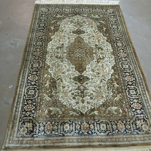 Handmade Silk Rug 3x5, Vintage Antique Silk Carpet, Hand-Knotted Turkish Oriental Rug 3 x 5, Animal Motifs, Deer Birds, One-Of-A-Kind