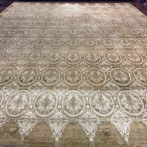 Tibetan Rug 12x15, Wool Hand Knotted Carpet, Odegard Rug, Birds, Olive Green, 12 x 15 Oversized Handmade Contemporary Area Rug, Extra Large
