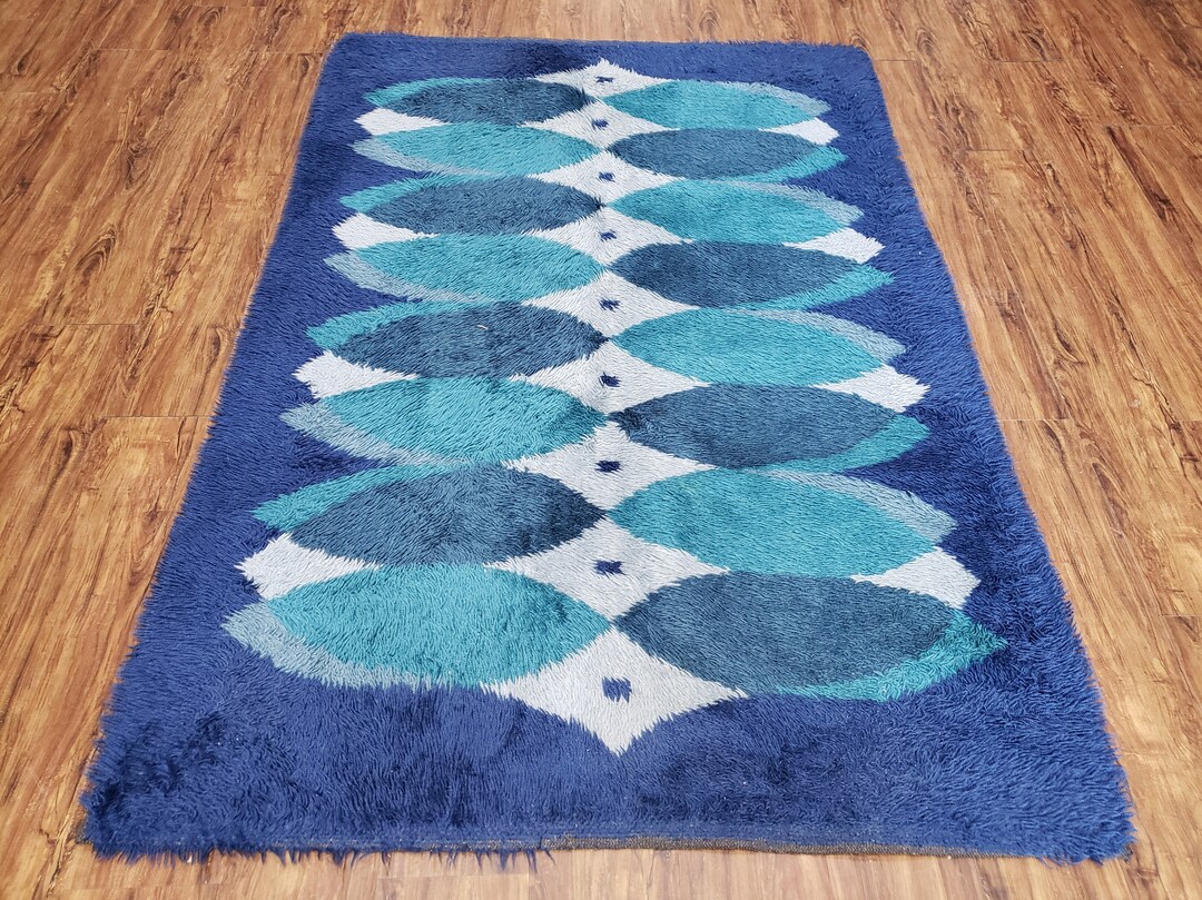 Blue Rya Rug, 1960s Midcentury Danish Shag Rug 4'6 X 6'7, Ege Rya