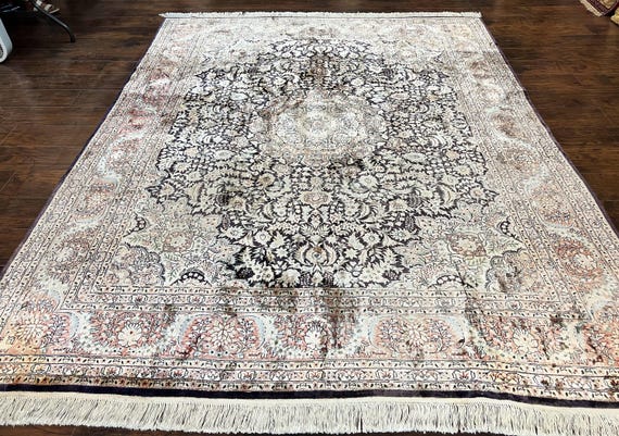 シルクインドカシミールラグ 8x10、花柄メダリオン、インドペルシャ