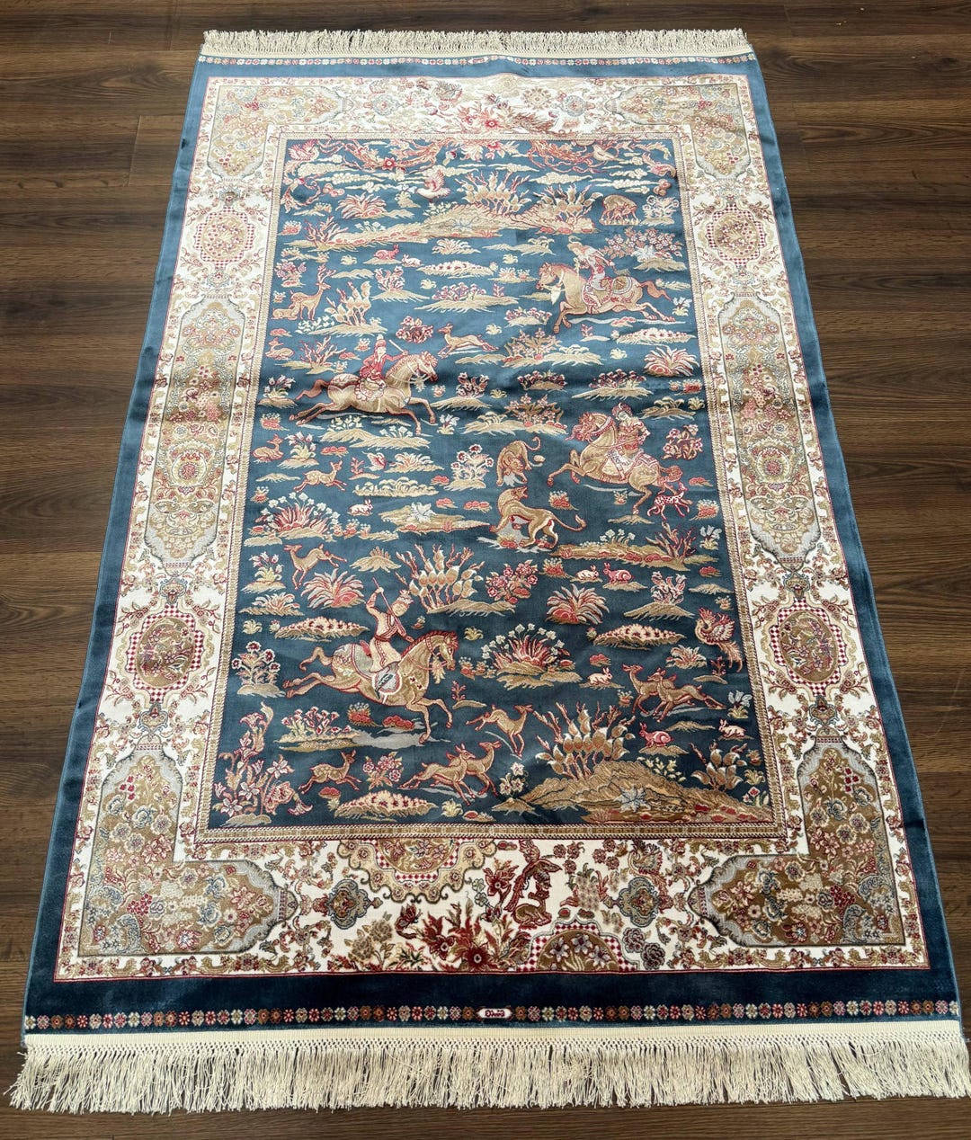 Turkish Silk Hunting Design Rug 4x6, Dark Steel Blue & Ivory, Bamboo ...