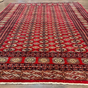 Bokhara Rug 9x12, Red Turkoman Rug, Pakistani Rug, Tribal Carpet, Wool Rug, Red Rug