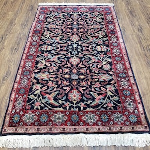 Antique Persian Sarouk Rug 3x5, Wool Hand-Knotted Midnight Blue & Red Traditional Floral Allover Carpet, Handmade Rug