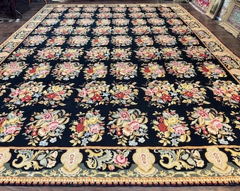 Oversized Teppich aus Wolle 12x40, handgemacht, nur 12x40, Schwarz und Bunt, Florale Muster, Selten