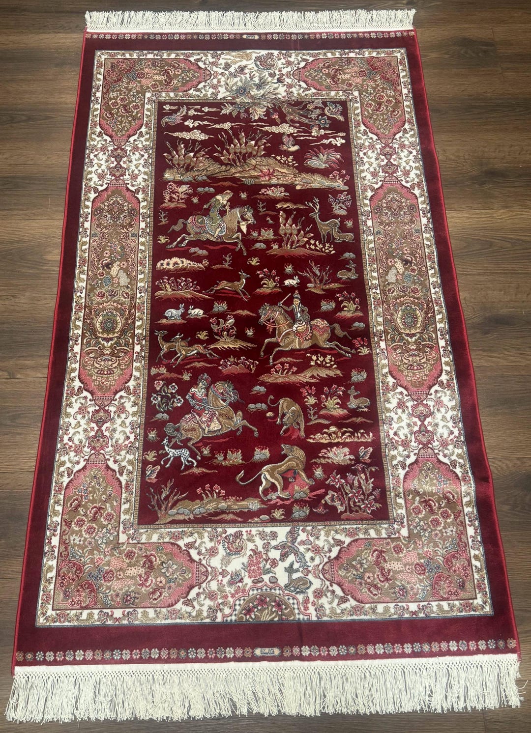 Turkish Silk Rug 3x5, Hunting Design, Dark Red & Ivory, Bamboo Silk ...