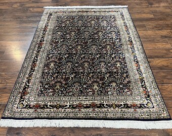 Silk Indian Kashmiri Rug 5x7, Navy Blue Indo Persian Silk Carpet 5 x 7 ft, Hand Knotted Handmade Very Fine Oriental Carpet, 450 KPSI, Birds