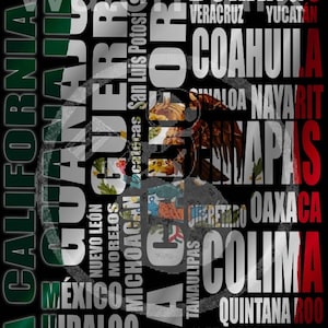 Mexico flag with state names .png transparent background high resolution