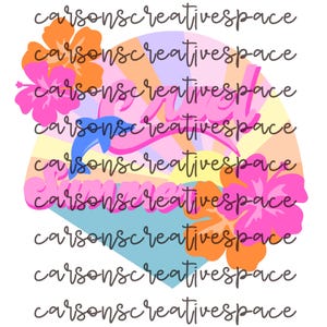 May include: A colorful rainbow-themed graphic with the word "Summer" in pink letters. The graphic is surrounded by pink and orange hibiscus flowers and a blue dolphin. The text "carsonscreativespace" is repeated multiple times around the graphic.