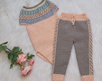 Mosaic Crochet Romper and Joggers Set, Newborn to 24 Months