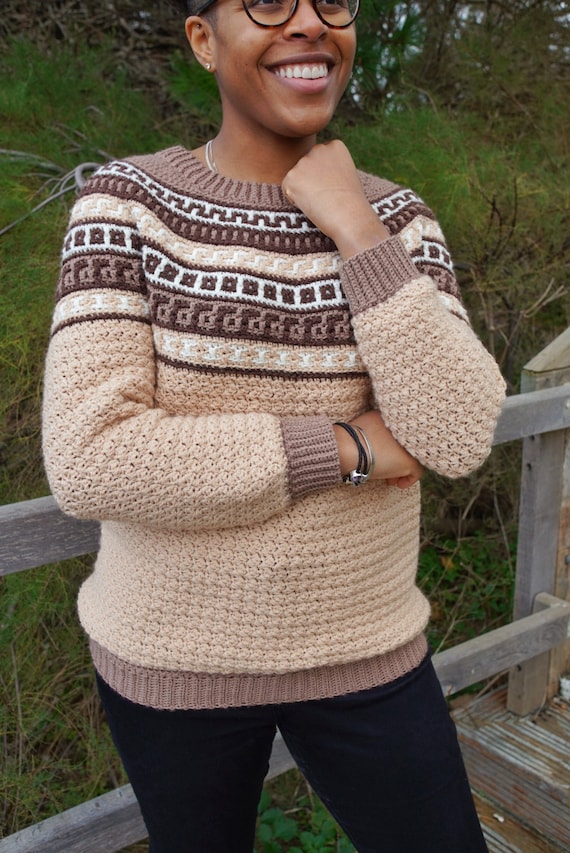 Cappuccino Mosaic Crochet Sweater Pattern: Round Yoke Pullover