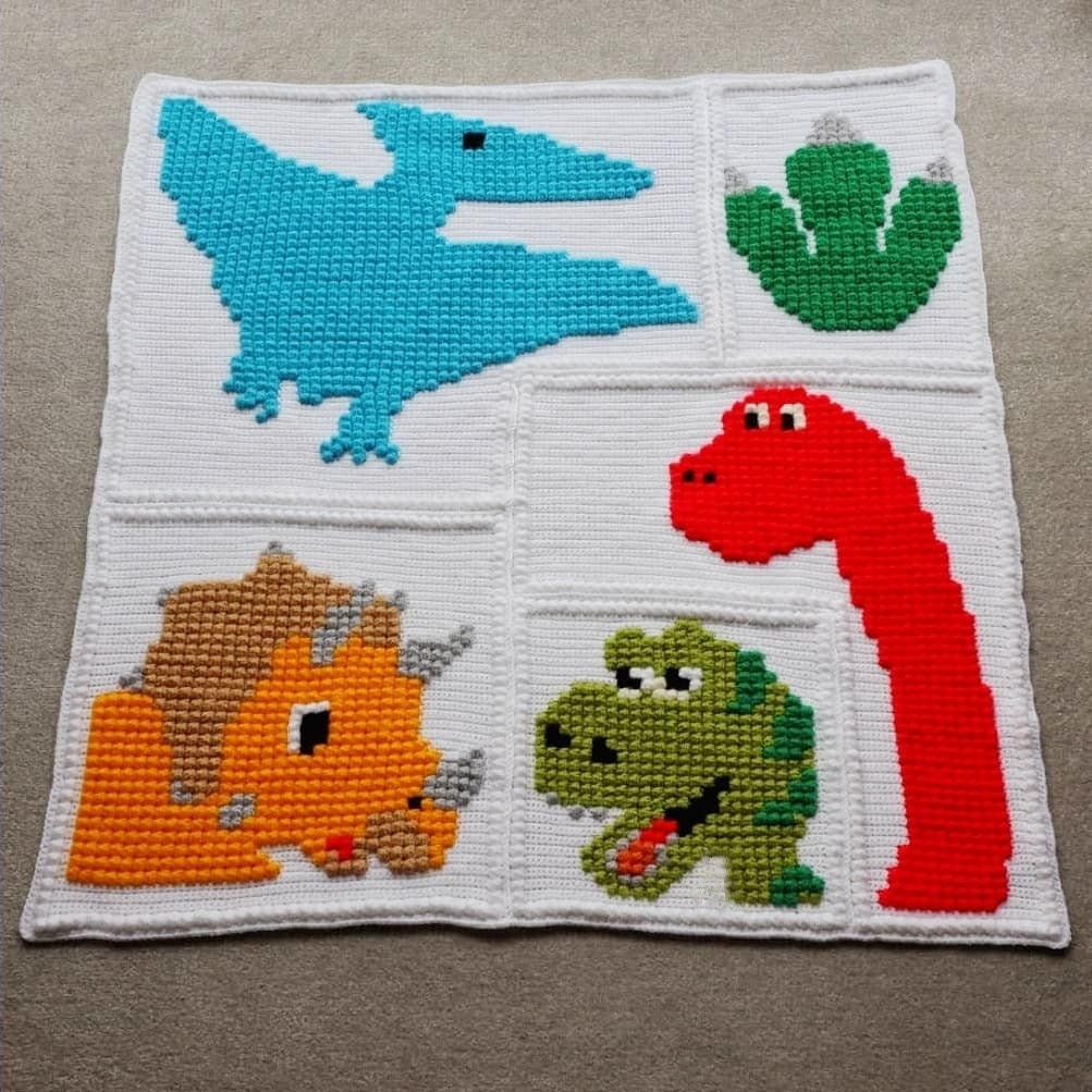 30 Dinosaur Blanket Crochet Patterns to Stitch for Kids, Nurseries, and Dino Fans 4 Dinosaur Blanket Crochet Pattern with Five-Piece Construction