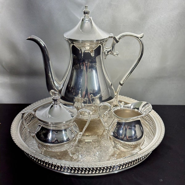 Encantador juego de té vintage plateado de 3 piezas de Sheffield Silver Co., con bandeja de galería, de Wm Rogers, Castleton Pattern