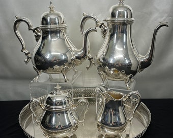4pc Silver Plated Coffee and Tea Set, Georgian Court pattern by International Silver, with round tray.