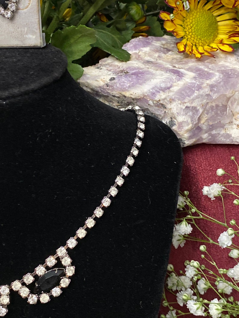 unknown age or manufacturer Clear and Black Bib Rhinestone Necklace and Earrings