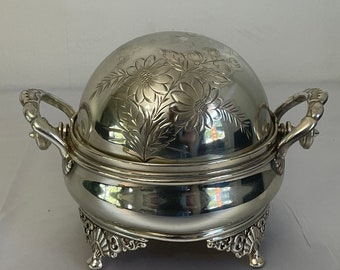 Vintage Silver Tone Metal Butter Dish tray With Lid Wood Handles 2 pieces