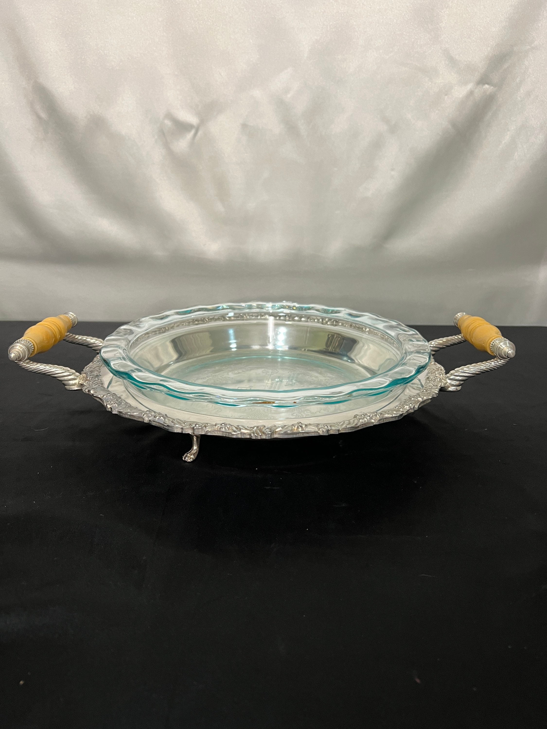 Vintage Silver on Copper Footed Serving Tray with Celluloid Handles, Pyrex Pie Dish