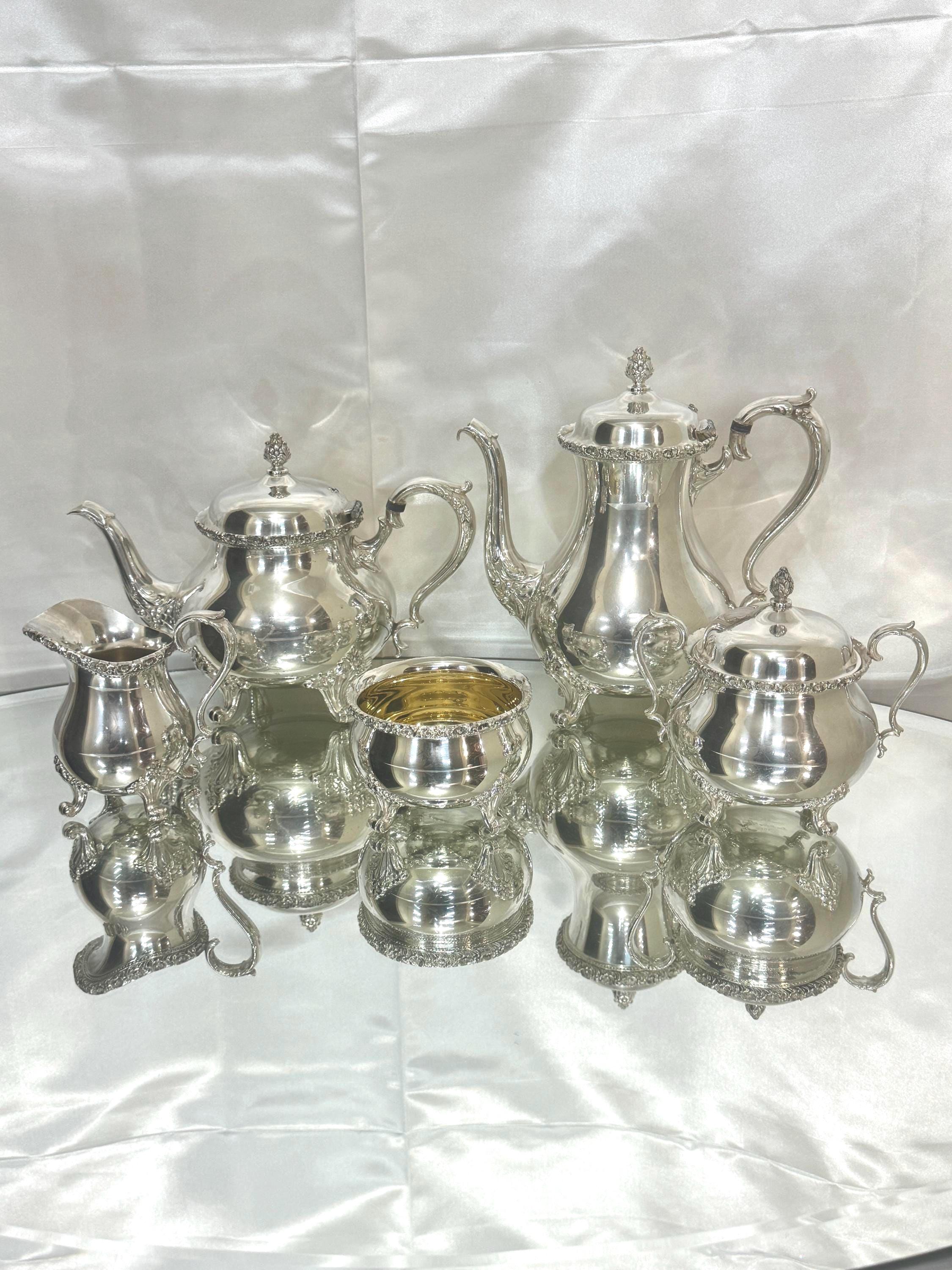 Silver Plated Coffee and Tea Set: Du Barry Floral Pattern, 5pc Wilcox