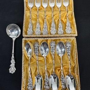 2 Silverplated Flatware Sets, 6pc Dessert and 7pc Coffee Set, Rose Pattern, German hallmark 100