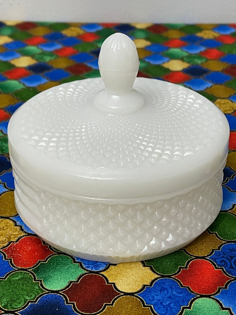 Vintage Milk Glass Diamond Cut Lidded Candy Dish or Powder Etsy