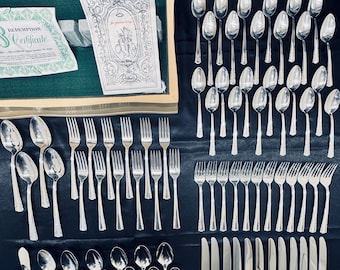 Large and Rare 129pc Nickel Silver Flatware Set Made by EC LTD