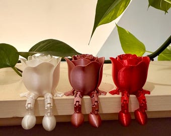 Articulated 3D printed Valentines Rose Buddy with Legs, Valentines Day