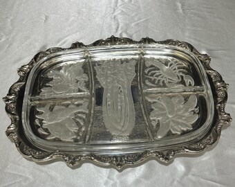 Vintage Poole Silver Plated Appetizer Tray: Old English Frosted Glass Liner
